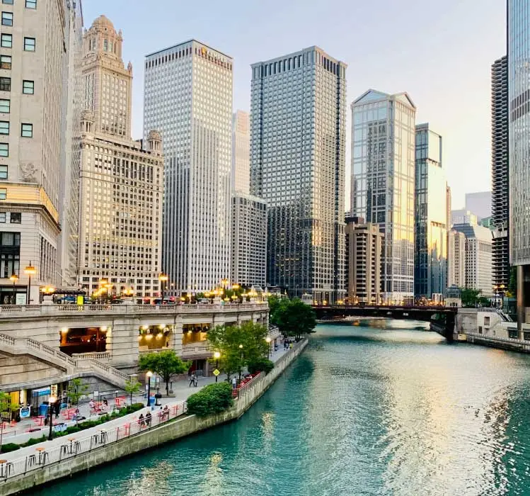 river and commercial buildings